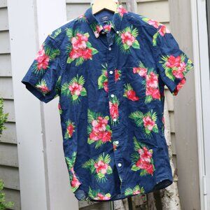 J CREW Blue Red Hawaiian Floral Cotton Linen Blend Slim Button Down Shirt Sz MED